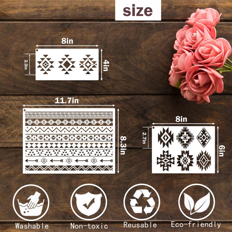 yhslmh Tribal Geometric Stencils for Painting on Wood Furniture Wall Reusable Canvas Aztec Stencil for Crafts Kids Boho Drawing Card Making Pattern Decorative (Aztec) - Image 2